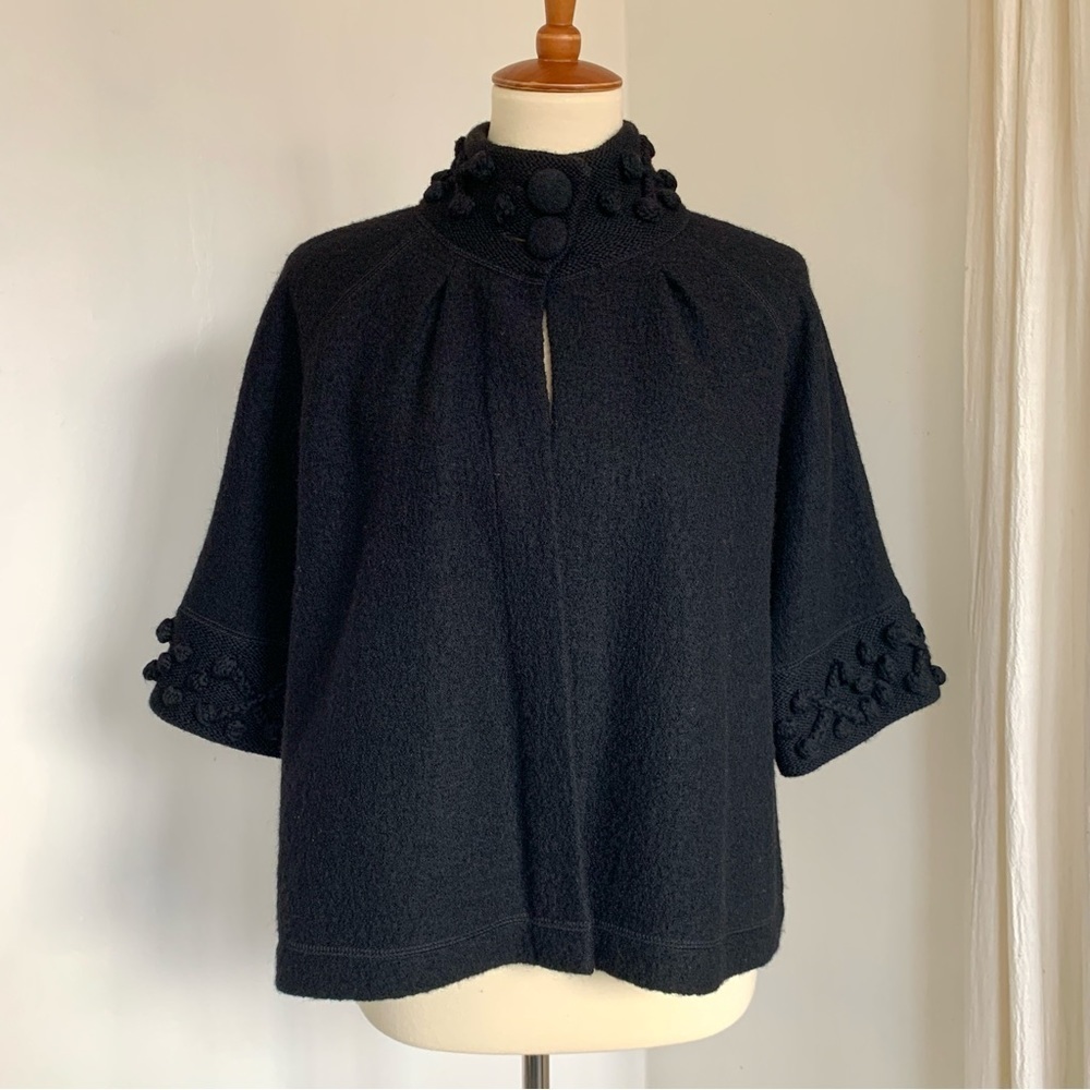 For Cynthia %100 Boiled Wool 3/4 Sleeve Cape Style Cardigan Button High Neck